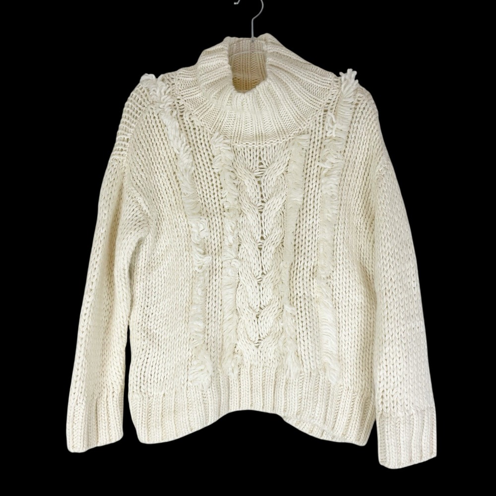 Lou & Grey Sweater Medium Cable Knit Fringe Boho Cottage Cabincore Grandma Cream